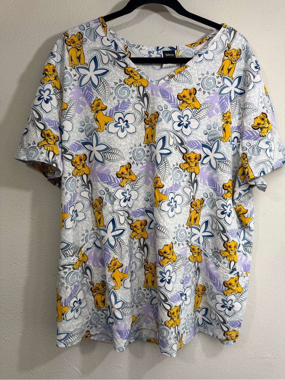 Disney Simba Pattern Short-Sleeve scrub Shirt - White with Yellow and Purple